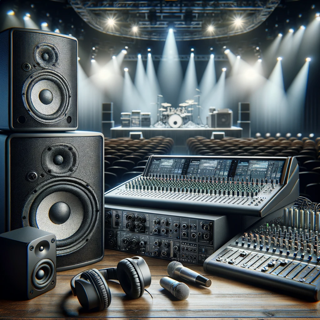 Modern PA system setup with high-quality speakers, mixers, and microphones in a high-end event setting, featuring the subtle Gemini Sound logo, exemplifying professional audio excellence.