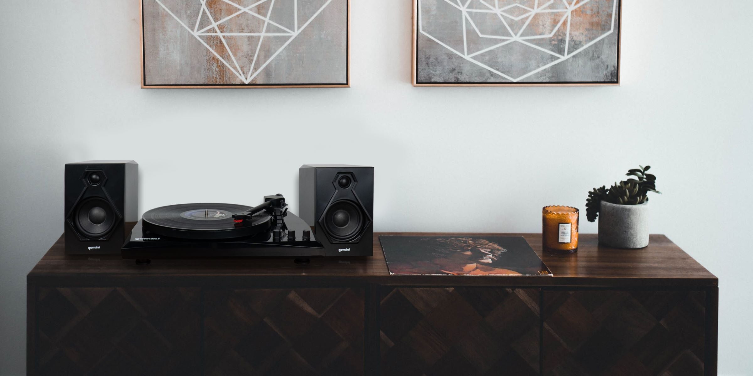 Record player setup with speakers