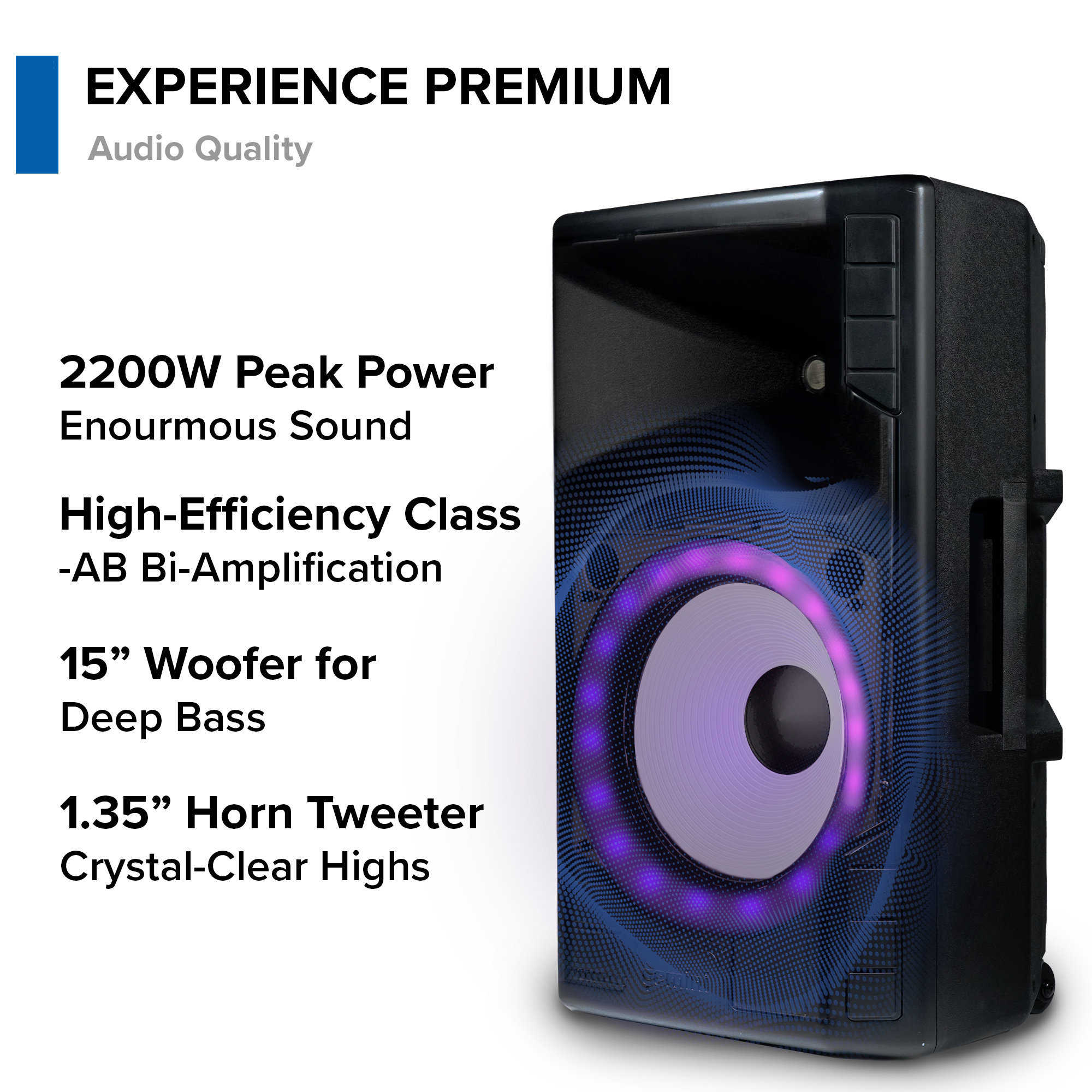 GSP-L5500PK 15" 2200W Bluetooth PA Speaker with Microphone, Stand, TWS Pairing, LED Party Lights, 3-Channel Mixer – Ideal for DJs, Events, and Parties