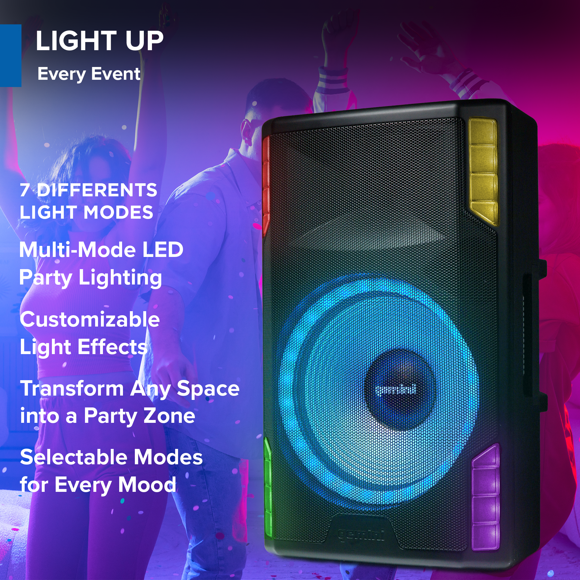 GSP-L5500PK 15" 2200W Bluetooth PA Speaker with Microphone, Stand, TWS Pairing, LED Party Lights, 3-Channel Mixer – Ideal for DJs, Events, and Parties