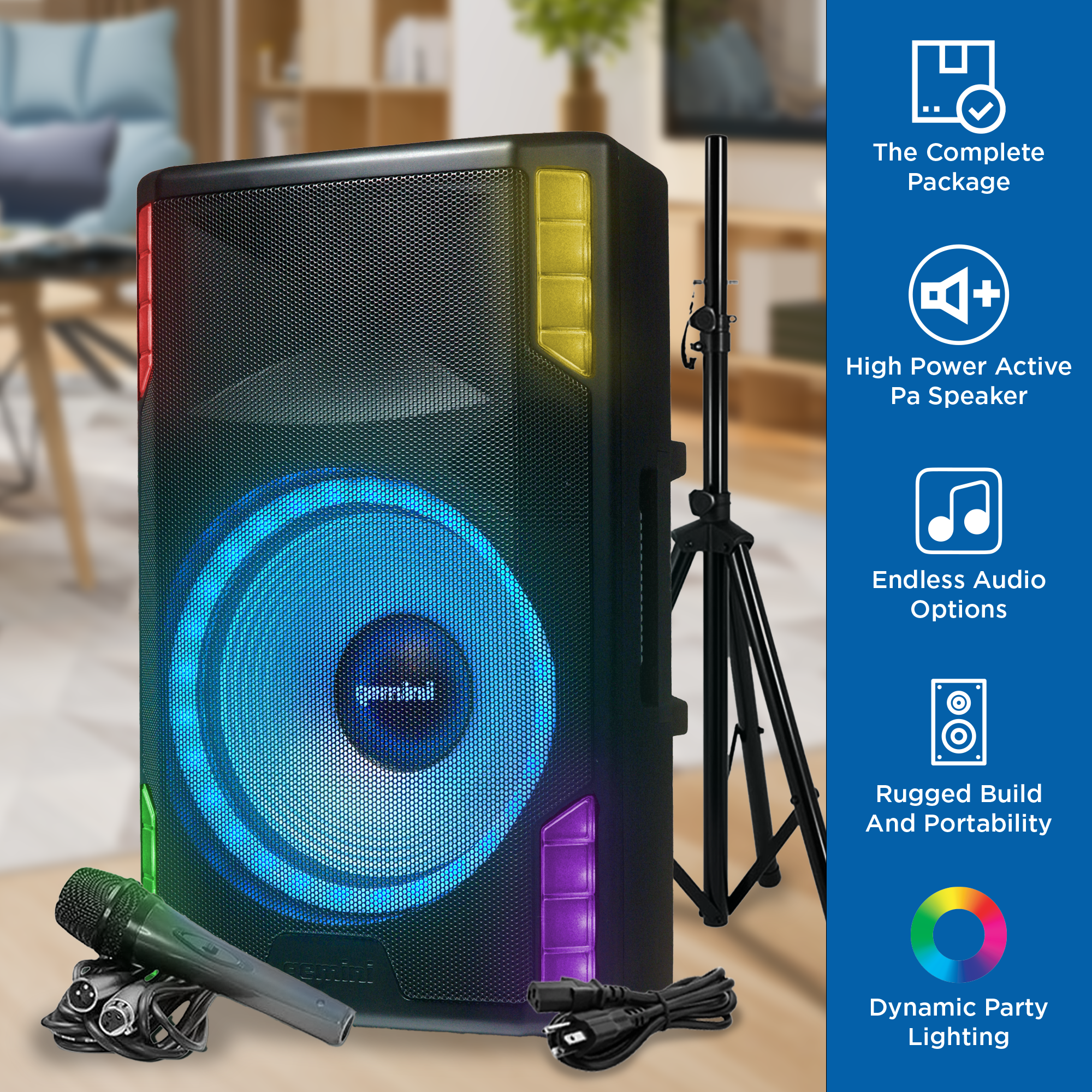 GSP-L5500PK 15" 2200W Bluetooth PA Speaker with Microphone, Stand, TWS Pairing, LED Party Lights, 3-Channel Mixer – Ideal for DJs, Events, and Parties