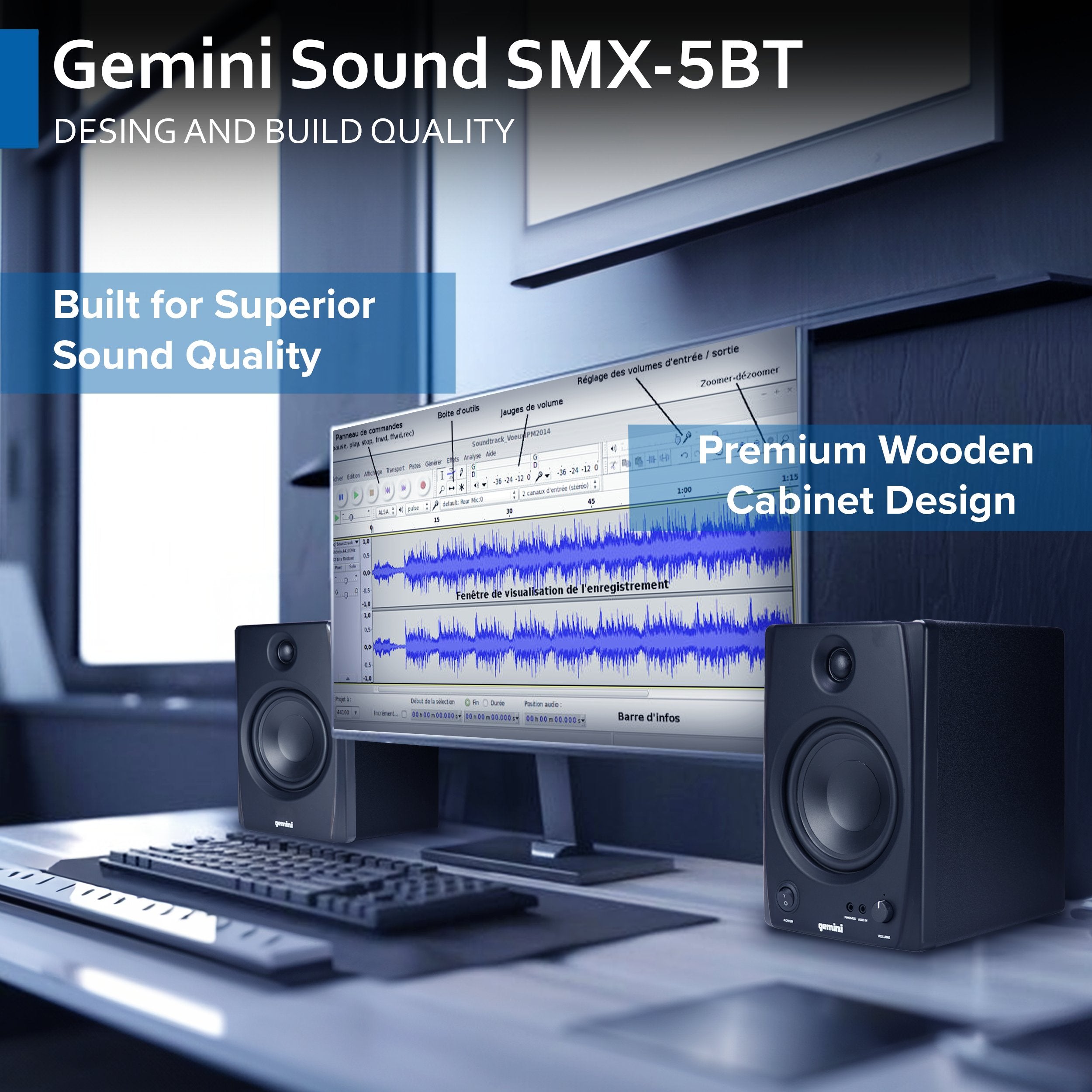 SMX-5BT 5” Studio Monitor Speakers with Bluetooth - 200W Peak Power, TRS/RCA/Aux Inputs, Acoustic Tuning, Active/Passive Pair for Home Studio, DJ, and Music Production