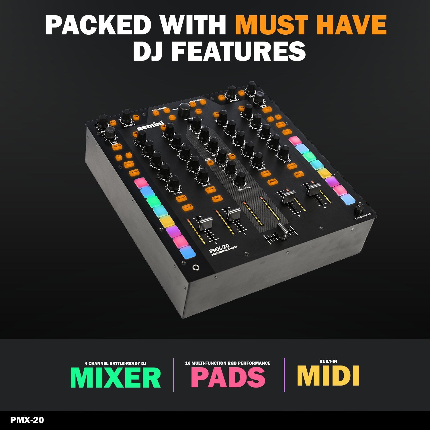 Gemini PMX-20 4-Channel DJ Mixer/MIDI Controller w/ Audio Interface