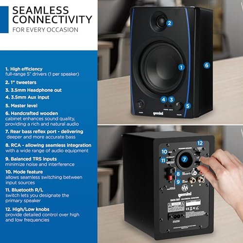 Gemini Sound SMX-5BT 5” Studio Monitor Speakers with Bluetooth - 200W Peak Power, TRS/RCA/Aux Inputs, Acoustic Tuning, Active/Passive Pair for Home Studio, DJ, and Music Production