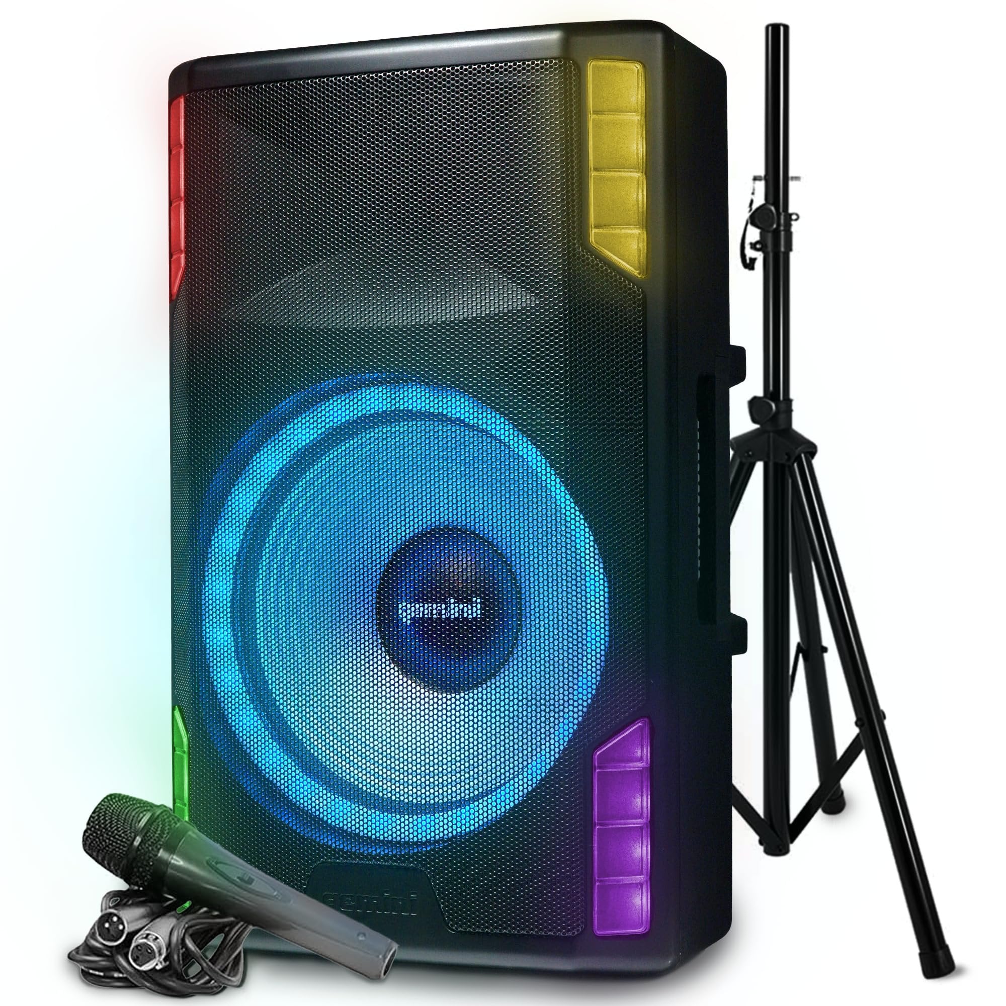 Gemini Sound GSP-L5500PK 15" 2200W Bluetooth PA Speaker with Microphone, Stand, TWS Pairing, LED Party Lights, 3-Channel Mixer – Ideal for DJs, Events, and Parties