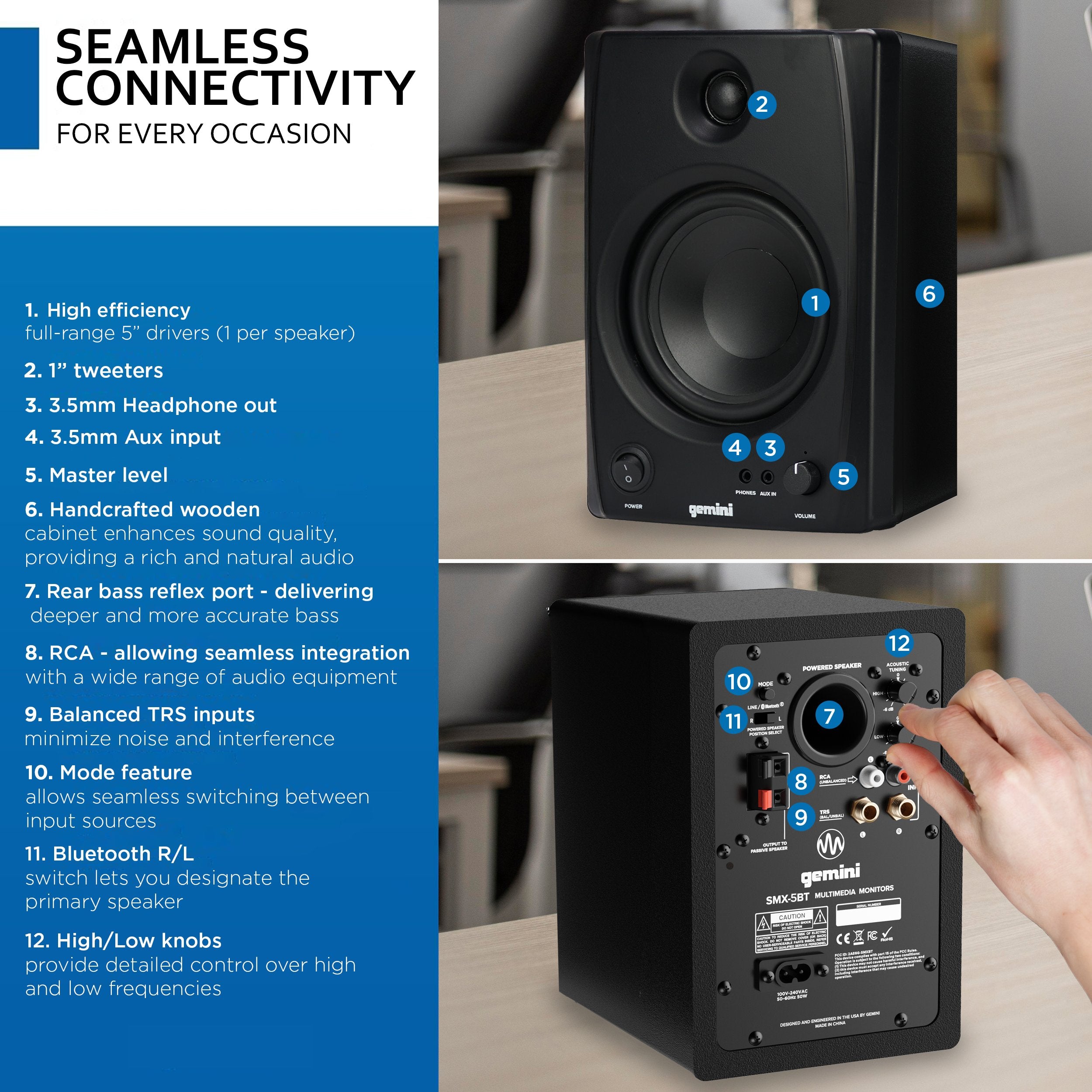 SMX-5BT 5” Studio Monitor Speakers with Bluetooth - 200W Peak Power, TRS/RCA/Aux Inputs, Acoustic Tuning, Active/Passive Pair for Home Studio, DJ, and Music Production