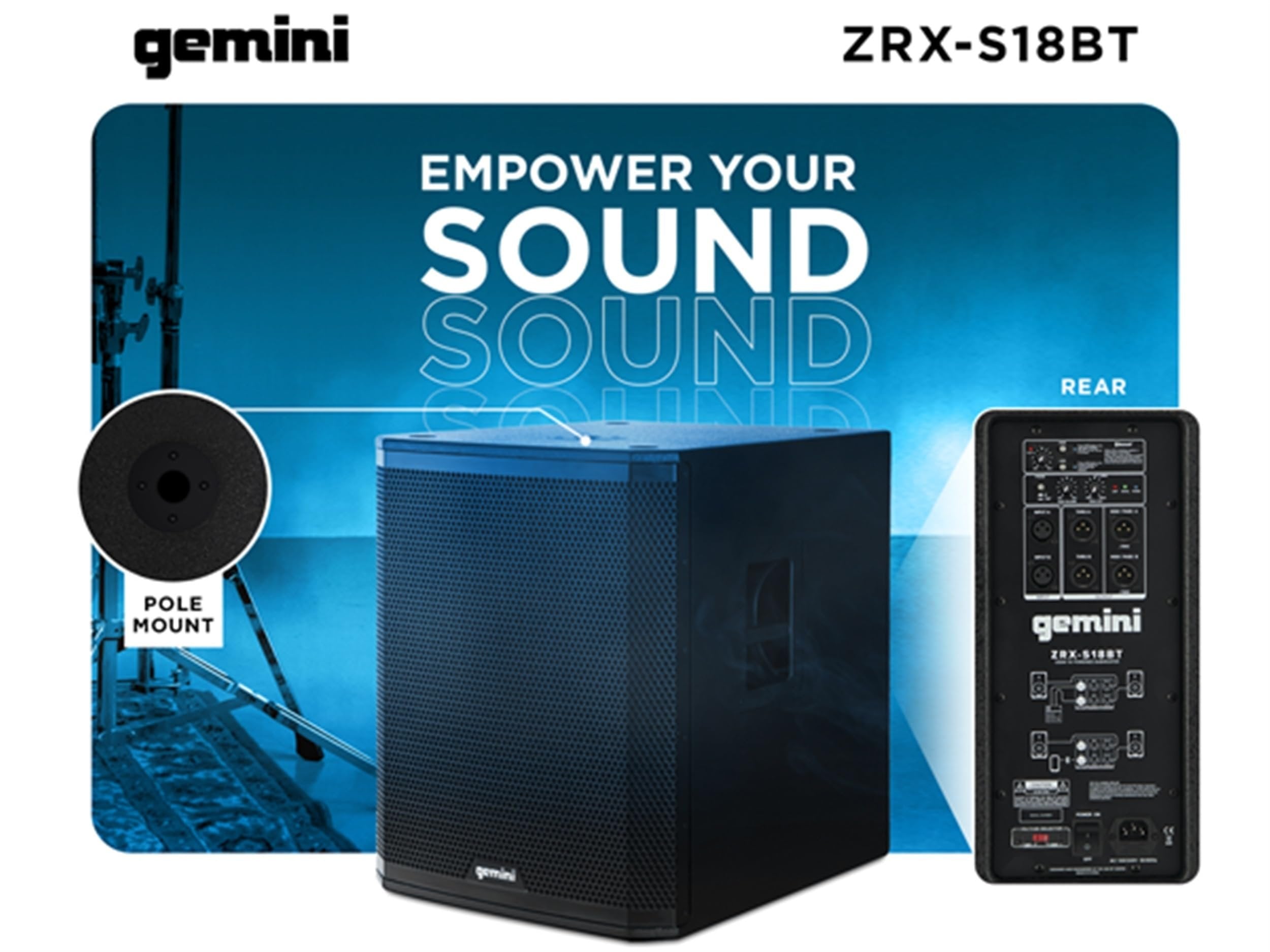 Gemini Sound ZRX-S18BT Subwoofer Bluetooth de potencia ultraalta de 2400 W de pico - Disparo frontal de 18 pulgadas, alta excursión para DJ/exteriores, portátil con XLR, TWS, 600 W RMS